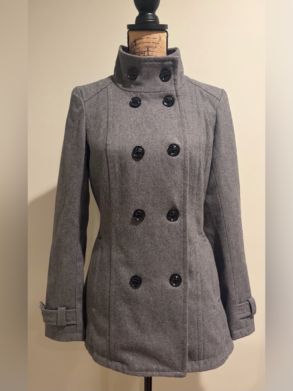 GUESS Los Angeles Grey Double-Breasted High-Neck Peacoat - Size S/P